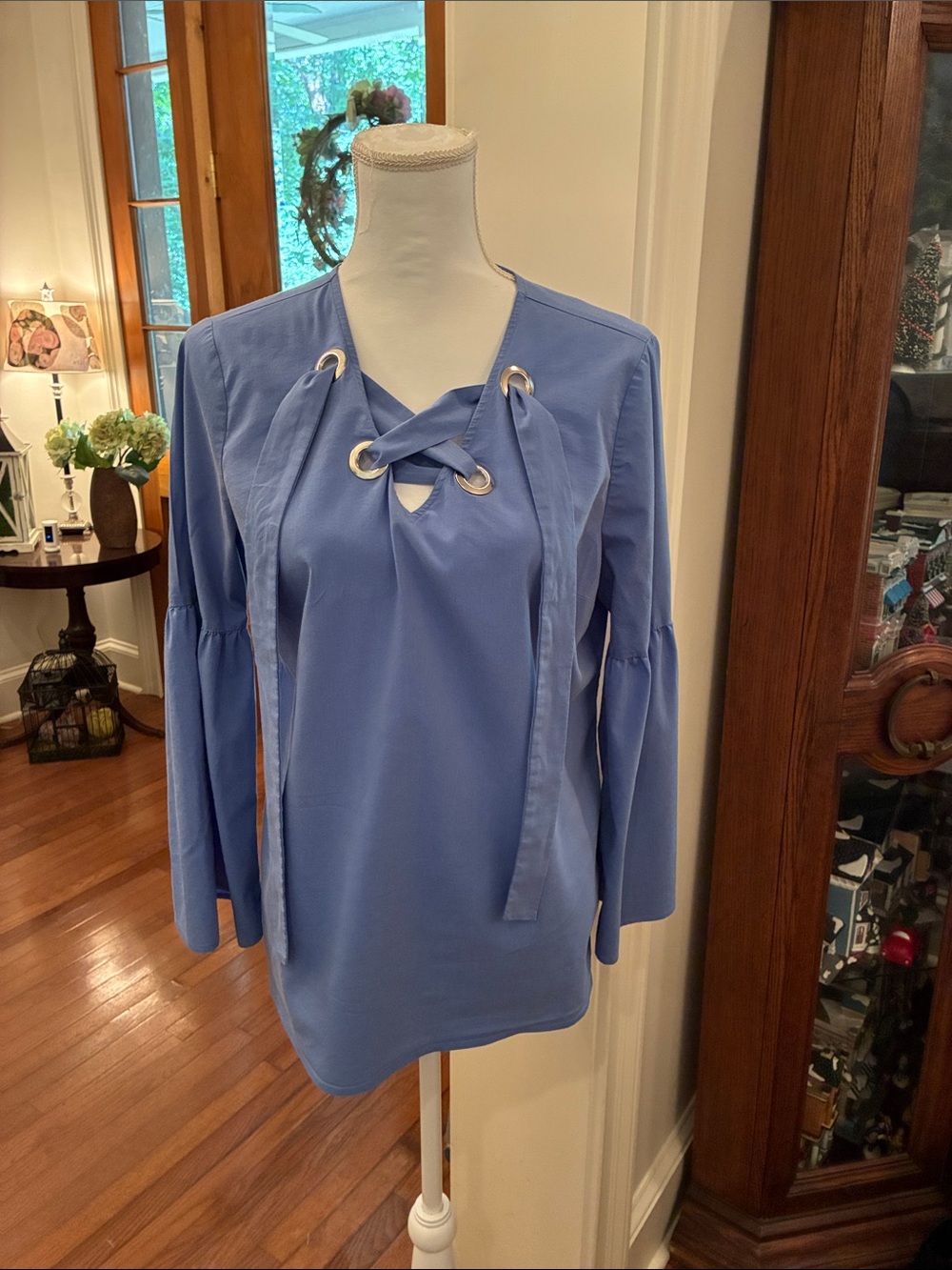 MICHAEL Michael Kors Grommet with Tie V-Neck Blouse, 3/4 Bell Sleeves